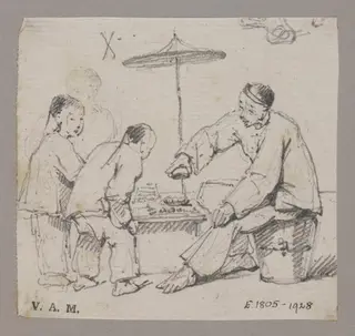 A Chinese man seated at a table, watched by two children, by George Chinnery, 1850