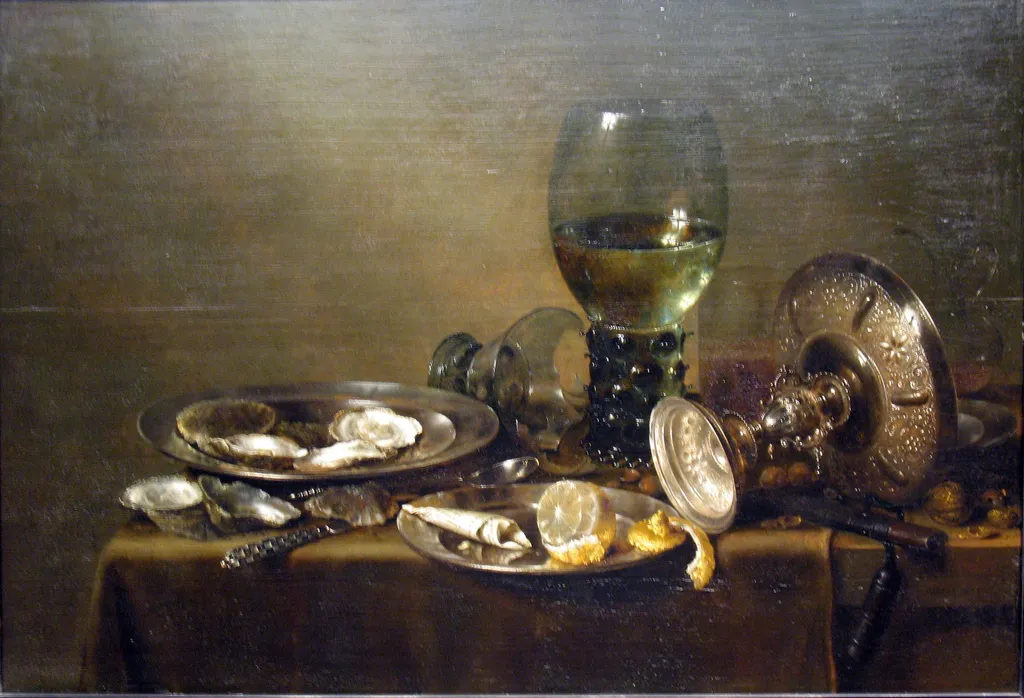 Still Life with Oysters, a Silver Tazza, and Glassware, by Willem Claesz Heda, oil, 1635