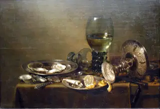Still Life with Oysters, a Silver Tazza, and Glassware, by Willem Claesz Heda, oil, 1635