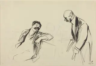 a) Waiter and Customer (recto); b) Sketch of a Man and Woman (verso), by Jean-Louis Forain, ink, 1892