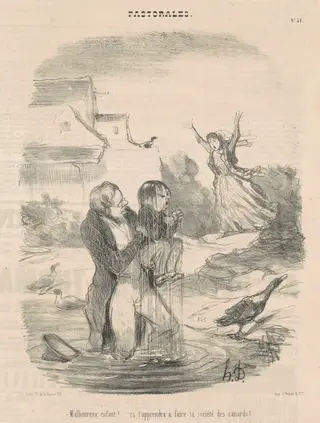 Malheureux enfant! ... Ca t'appendra a faire ..., by Honoré Daumier, ink, 1845