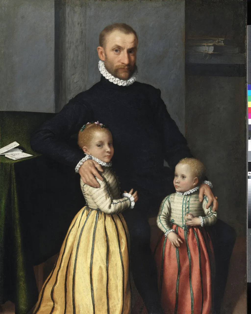 Portrait of a Gentleman and his two Children, by Giovanni Battista Moroni, oil, 1573