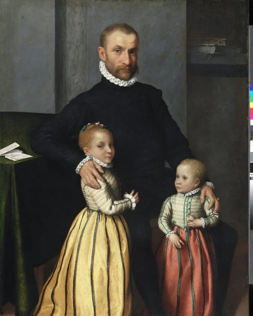 Portrait of a Gentleman and his two Children, by Giovanni Battista Moroni, oil, 1573