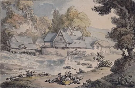 River Scene with Figures and Buildings, by Thomas Rowlandson, watercolor, 1780