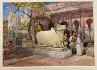 The Bull Nandi in the courtyard of the Golden Temple, Benares, by William Simpson, paint, 1866