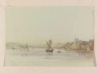 Looking towards Leanders Tower and the Sultans New Palace [Dolmabahçe] From Scutari, by Michael Anthony Shrapnel Biddulph, watercolor, 1855