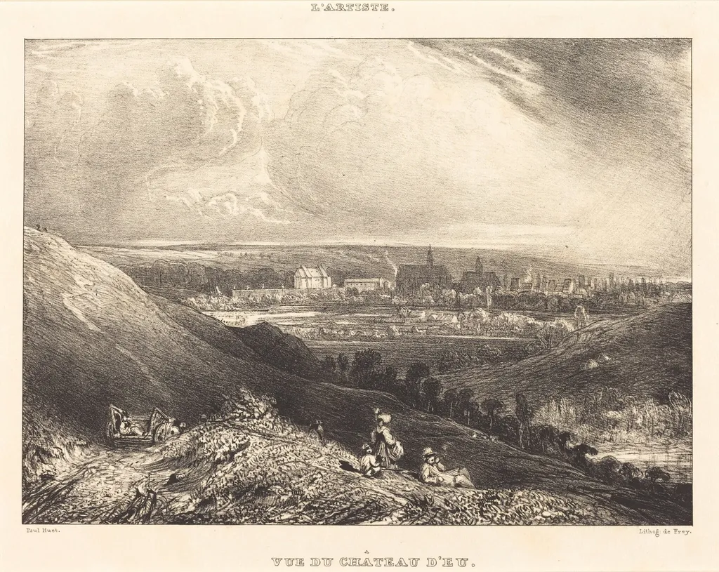 View of the Chateau d'Eu (Vue du Chateau d'Eu), by Paul Huet, ink, 1834