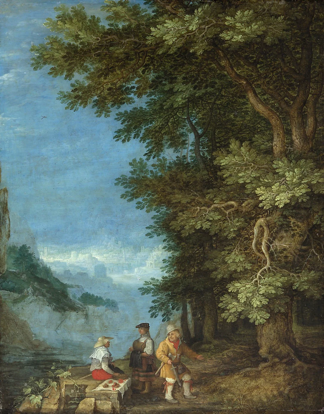 Gebirgslandschaft mit Obstverkäufern, detail
