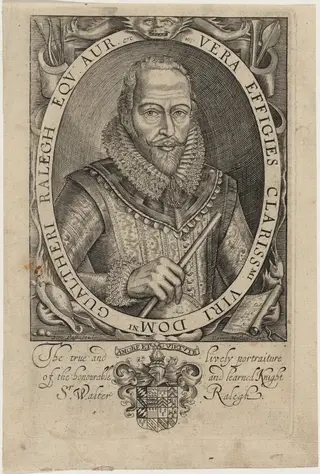 Sir Walter Raleigh, by Simon van de Passe, ink, 1621