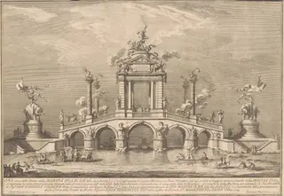 The Prima Macchina for the Chinea of 1755: A Triumphal Bridge with Antiquities from Herculaneum, by Giuseppe Vasi, ink, 1755
