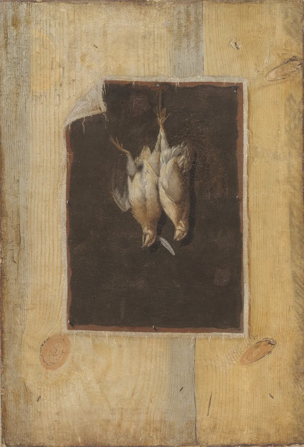 Trompe l'Oeil. Board Partition with a Still Life of Two Dead Birds Hanging on a Wall, by Cornelis Norbertus Gijsbrechts, oil, 1672