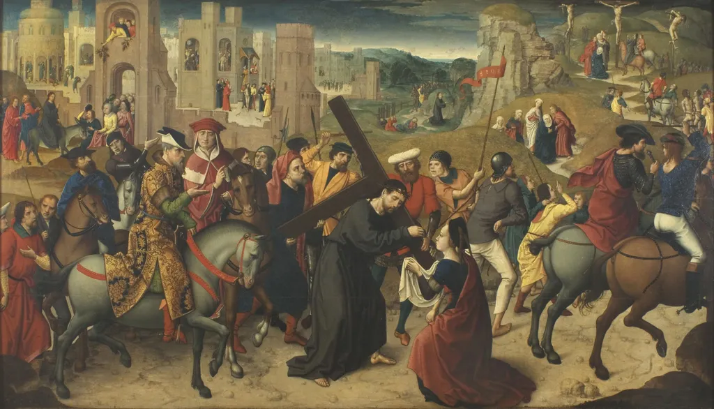 Christ Carrying the Cross, with the Entry of Christ into Jerusalem, Christ Driving the Moneychangers from the Temple, the Last Supper, Christ Crowned with Thorns, the Flagellation, Ecce Homo, the Agony in the Garden, and the Crucifixion, by Master of the Turin Adoration, oil, 1512
