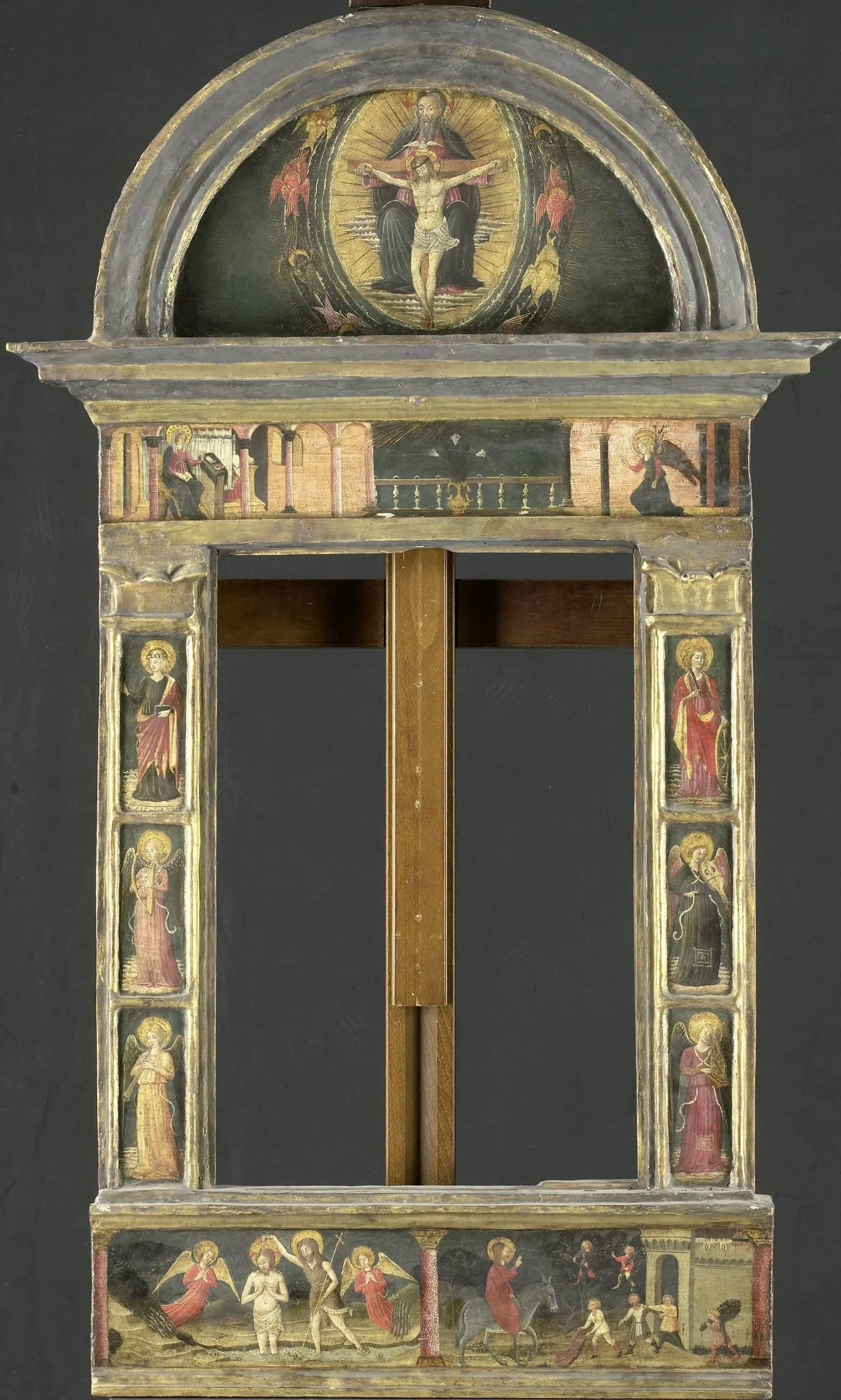Frame depicting the Annunciation, Baptism of Christ, Entry into Jerusalem, Saints Cecilia and Catherine of Alexandria, Trinity (Gnadenstuhl, Mercy Seat), and four Music-making Angels, detail