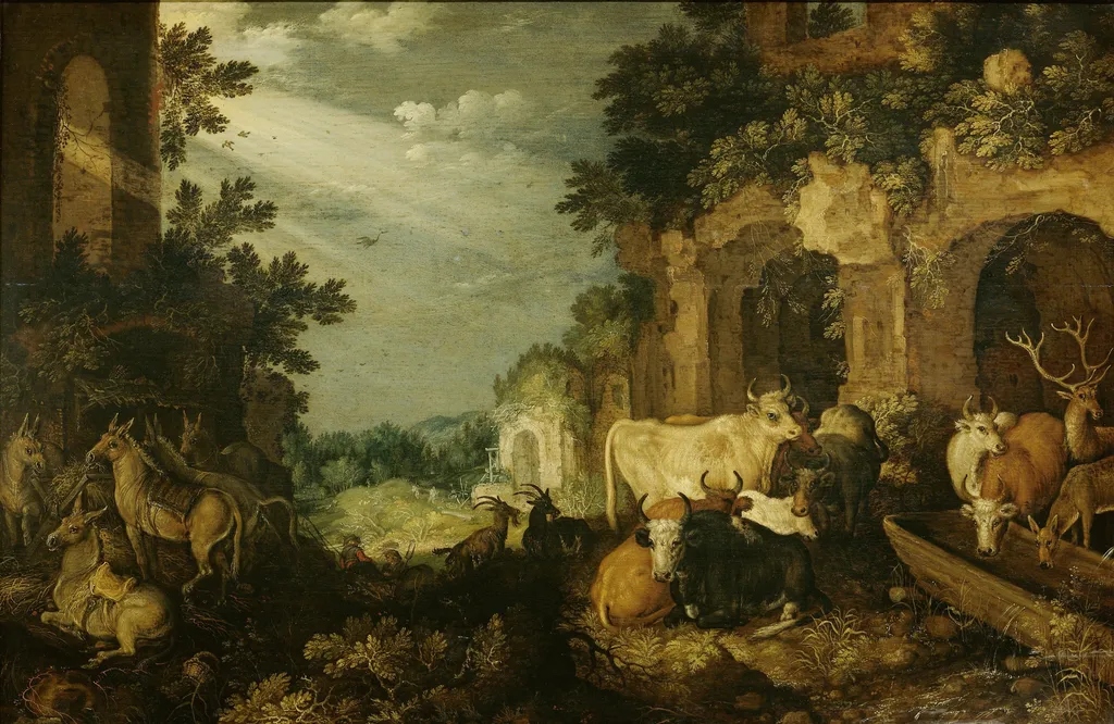 Landscape with ruins, cattle and deer, by Roelant Savery, oil, 1617
