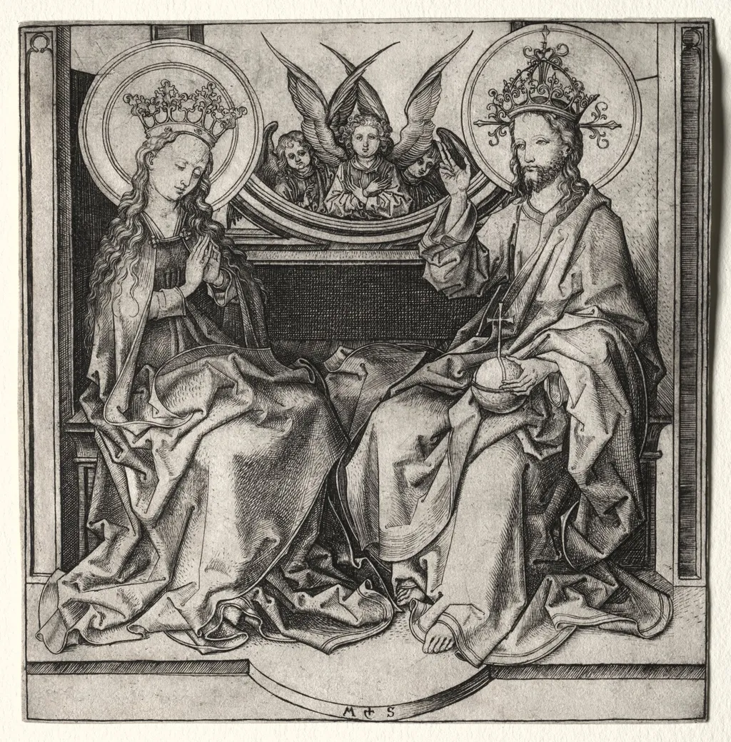 God the Father and the Blessed Virgin Enthroned Attended by Angels, by Martin Schongauer, 1485