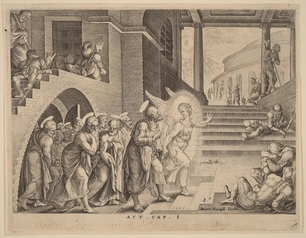 The Apostles Delivered from Prison by an Angel, by Philip Galle, ink, 1574