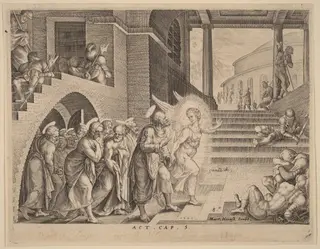 The Apostles Delivered from Prison by an Angel, by Philip Galle, ink, 1574