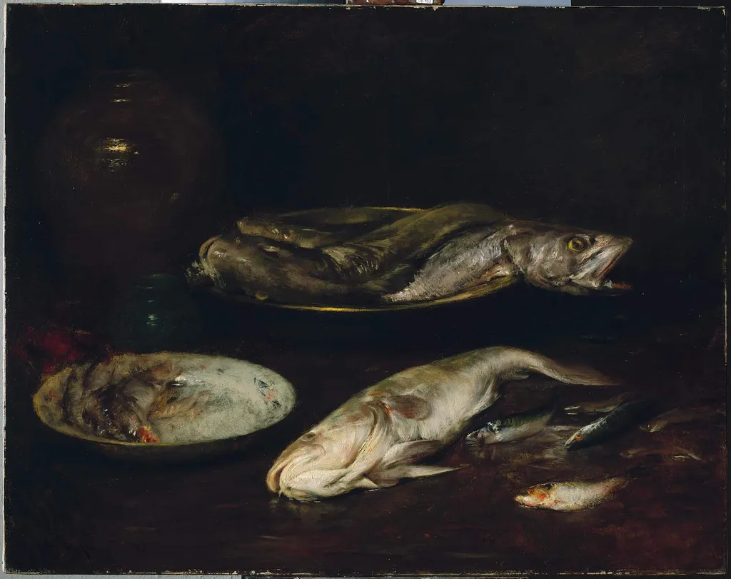 Still Life - Fish, by William Merritt Chase, oil, 1900