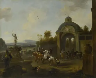 Hunting party at a fountain, by Pieter Wouwerman, oil, 1671