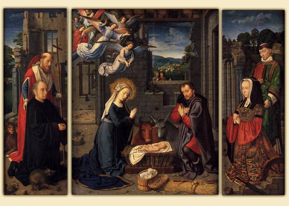The Nativity with Donors and Saints Jerome and Leonard, detail