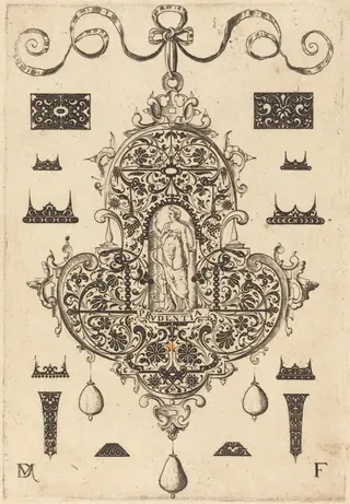 Large Pendant, Prudence Standing at Centre, by Daniel Mignot, ink, 1593