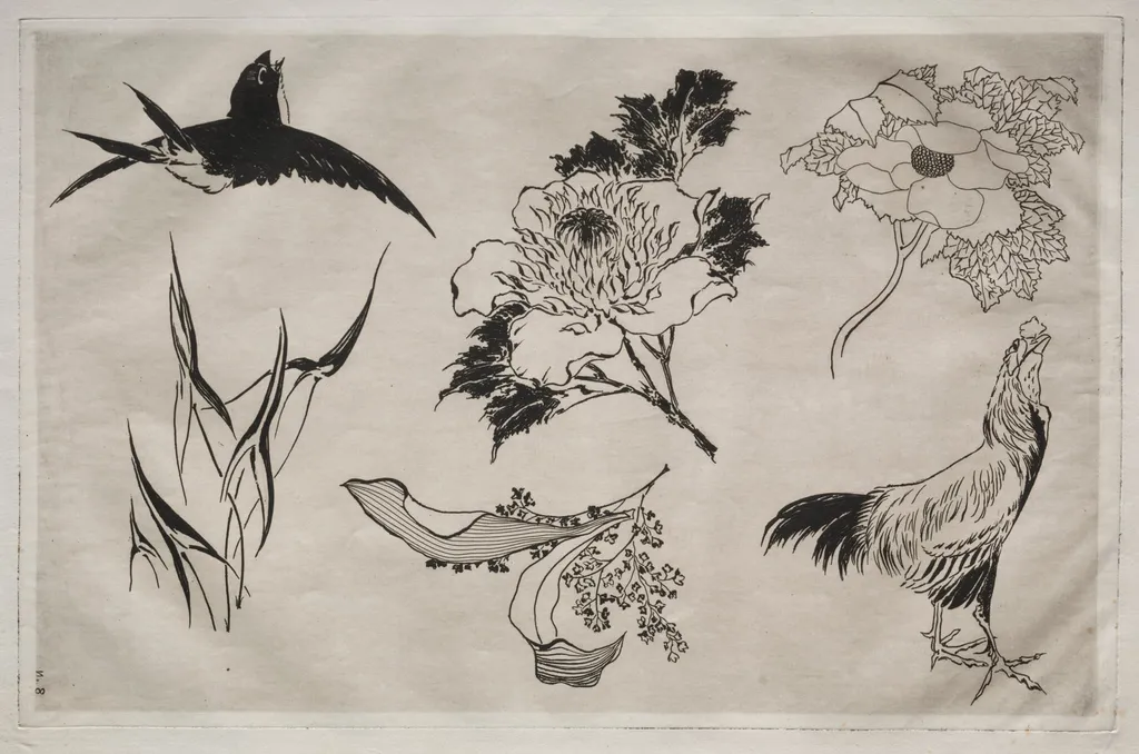 Dinner Service (Rousseau service): Swallow, Rooster and Flowers (no. 8), by Félix Bracquemond, 1866