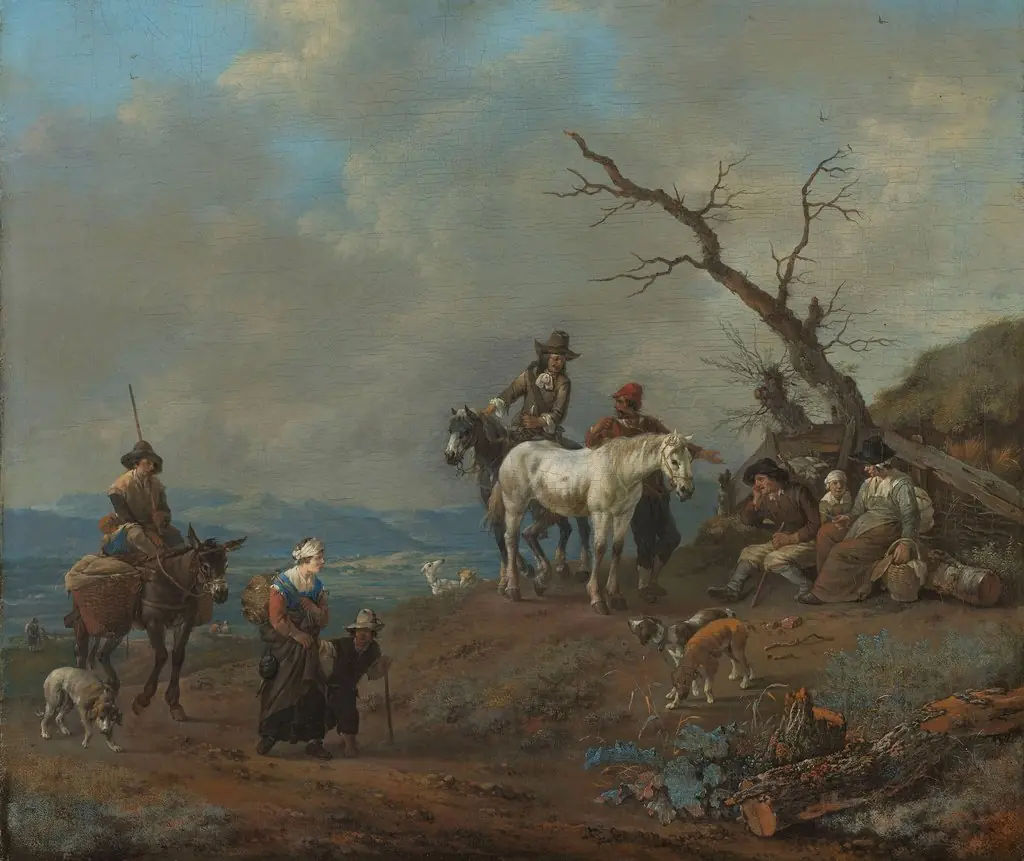 Country road with hunter and peasants, by Johannes Lingelbach, oil, 1650