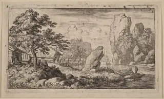Pointed Boulder at the Bank of a River, by Allart van Everdingen, ink, 1650