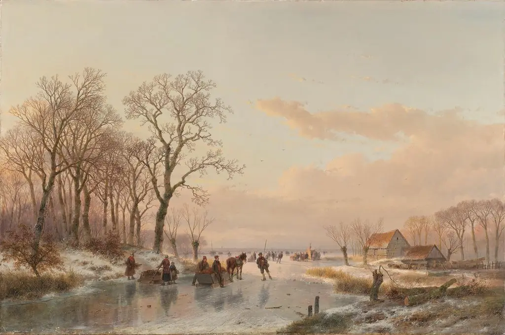 A Frozen Canal near the River Maas, by Andreas Schelfhout, oil, 1867