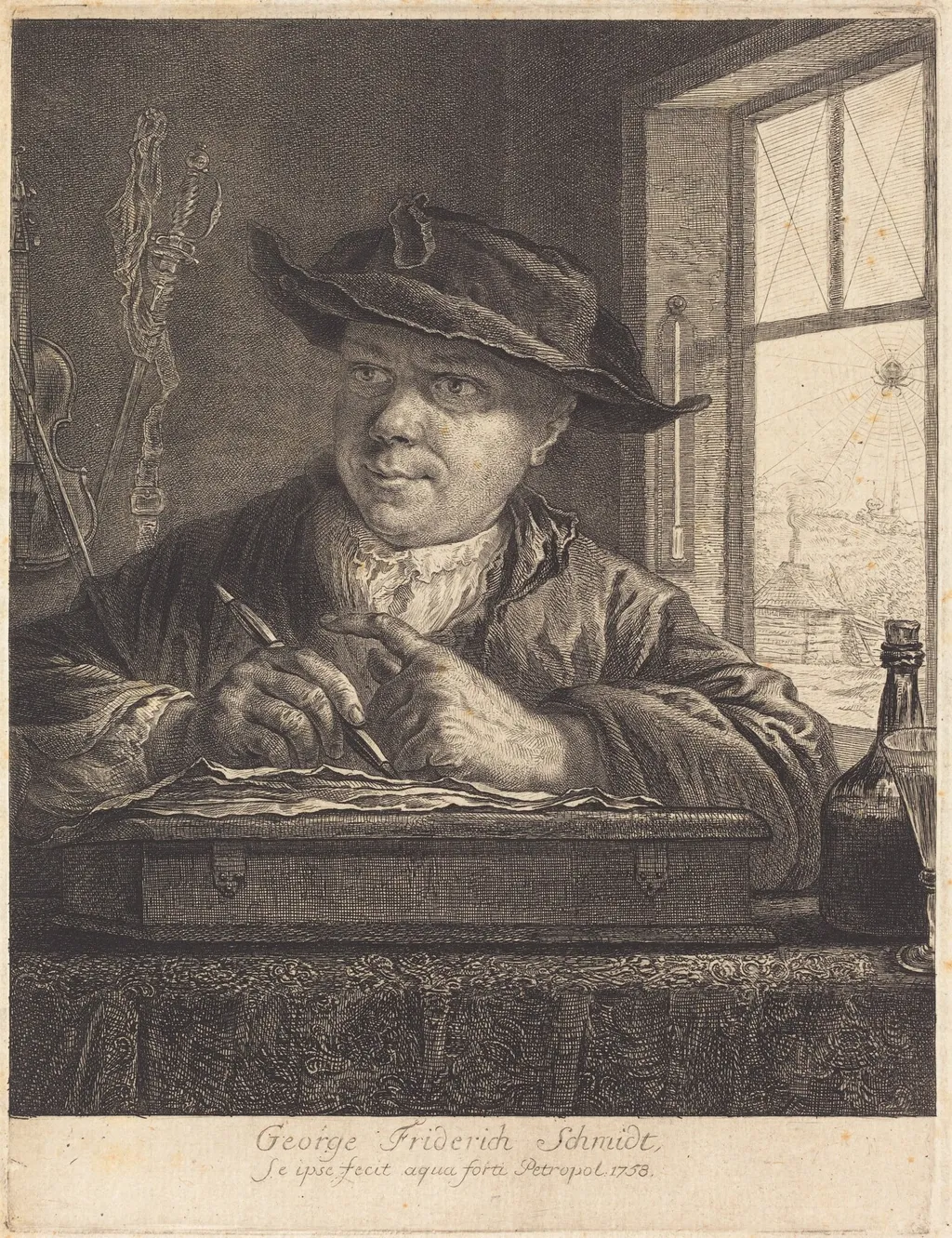 Self-Portrait with a Spider in the Window, by Georg Friedrich Schmidt, ink, 1758
