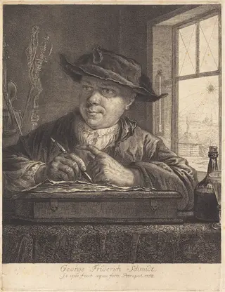 Self-Portrait with a Spider in the Window, by Georg Friedrich Schmidt, ink, 1758