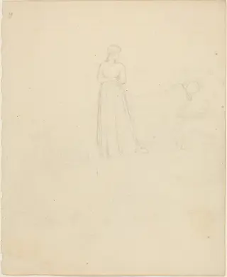 Standing Female Figure Looking at Reclining and Seated Figures, by John Flaxman, graphite, 1790