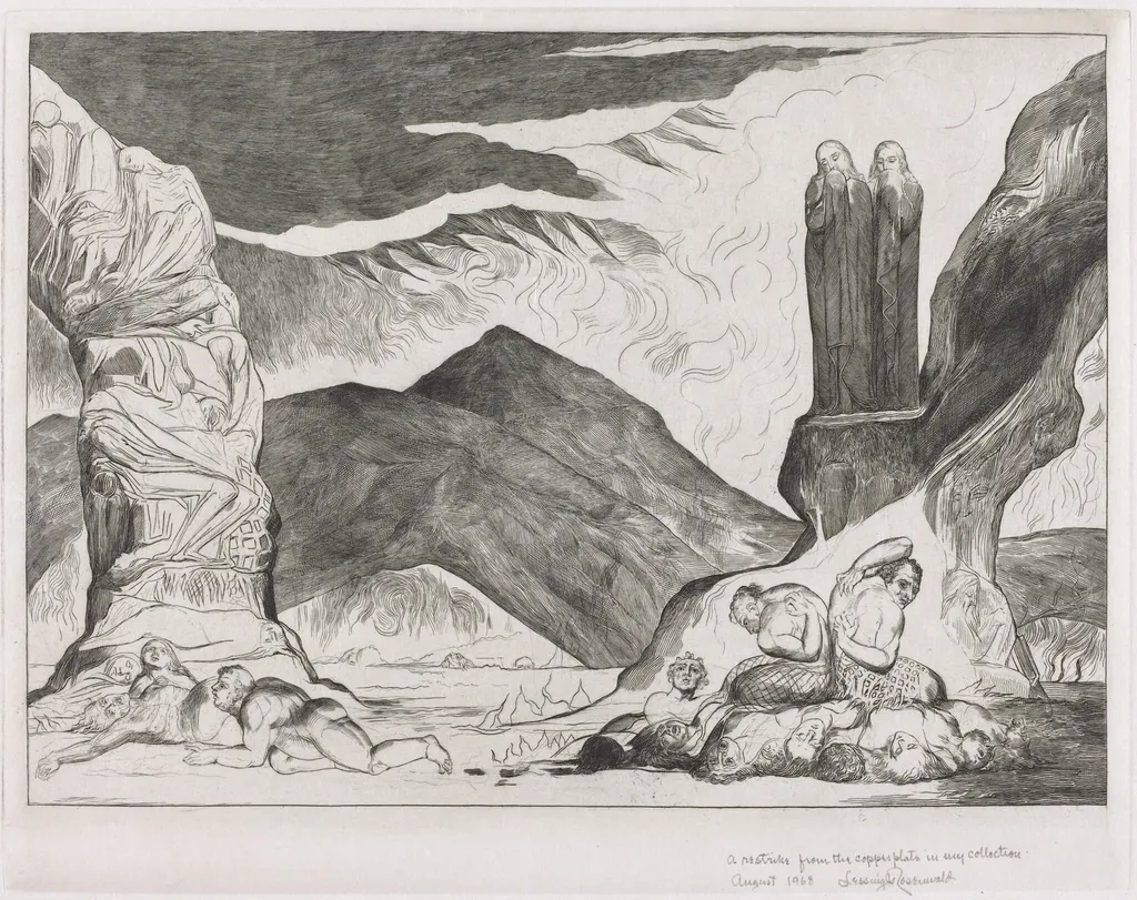 The Circle of the Falsifiers: Dante and Virgil Covering their Noses because of the stench, by William Blake, ink, 1827