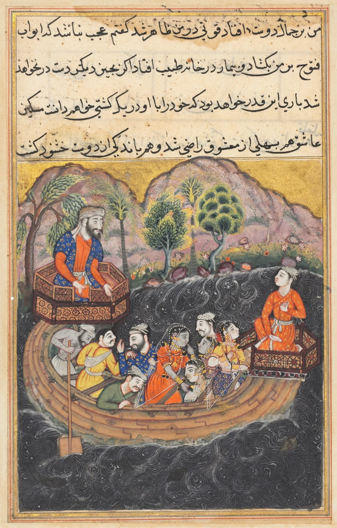The young man of Baghdad joins the Hashimi’s boat as a sailor to find his slave-girl on board, from a Tuti-nama (Tales of a Parrot): Forty-eighth Night, detail