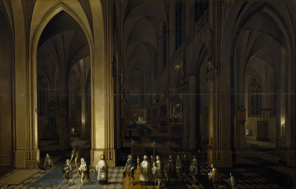 Viaticum inside a church, by Pieter Neefs the Elder, oil, 1636