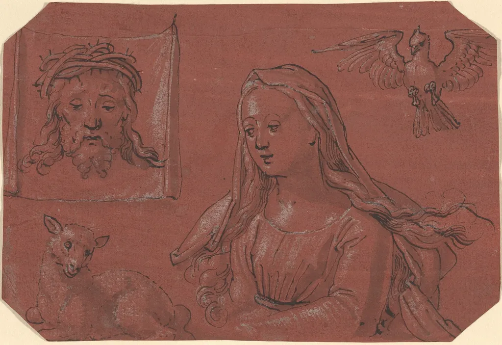 Studies of Sudarium and Saint Agnes, by Tobias Stimmer, ink, 1562