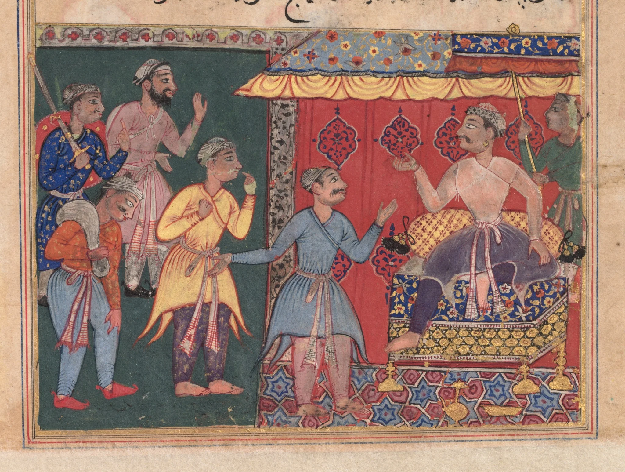 King Bhojaraja tries in vain to ascertain the whereabouts of the pearl from the four travelling companions, from a Tuti-nama (Tales of a Parrot): Twelfth Night, detail