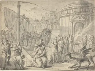 The Arrival of Aesculapius in Rome, by François Boitard, ink, 1700