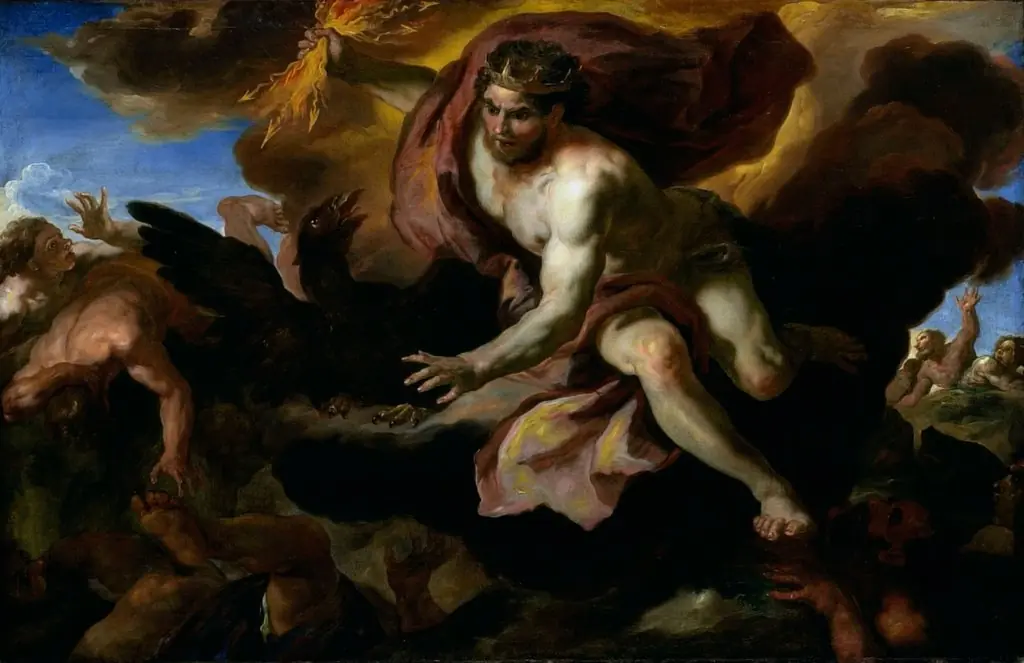 Jove casts his Thunderbolts at the Rebellious Giants, by Johann Michael Rottmayr, oil, 1696