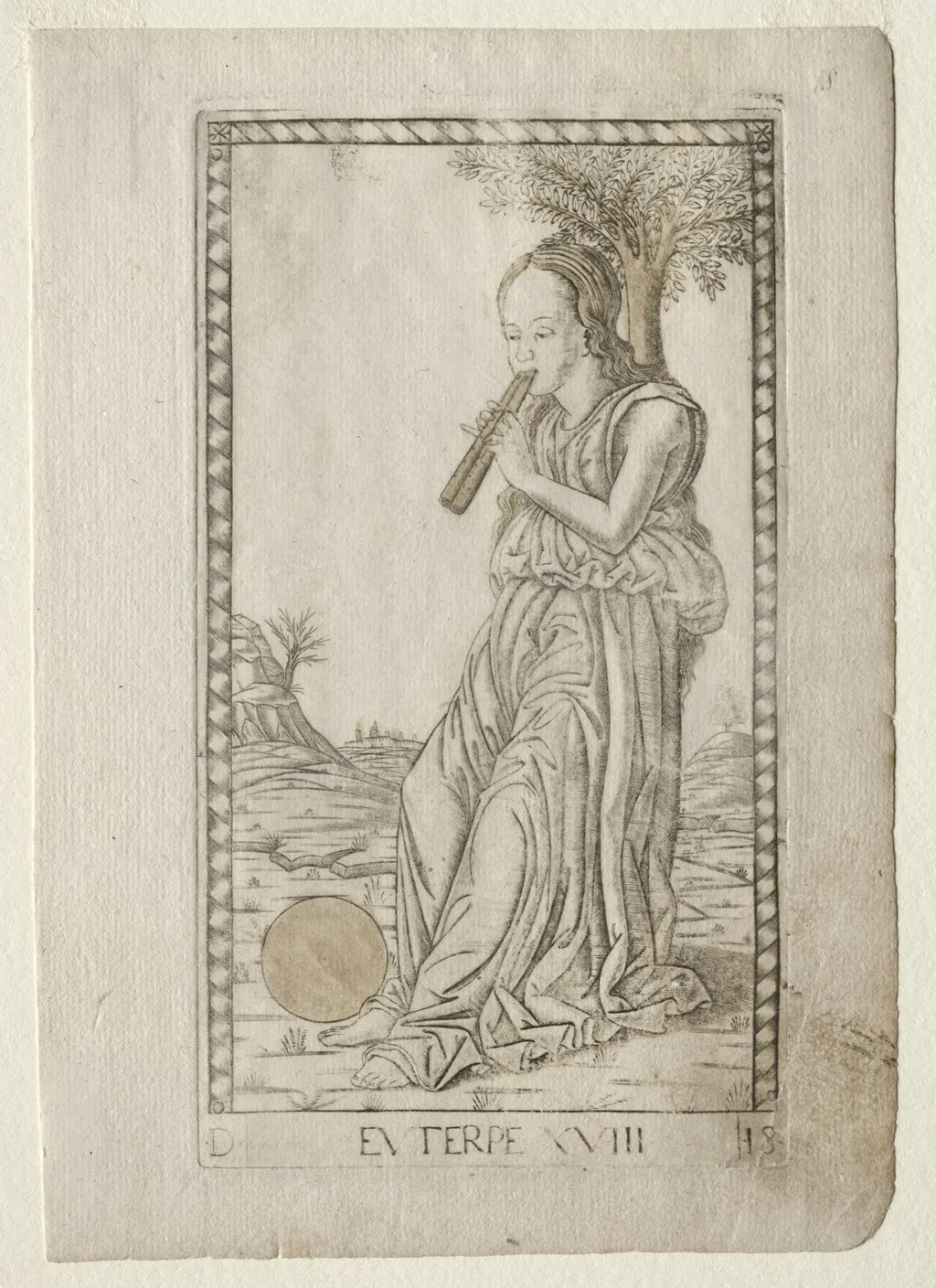 Euterpe (music, lyric poetry) (from the Tarocchi series D:  Apollo and the Muses, #18), by Master of the E-Series Tarocchi, 1467