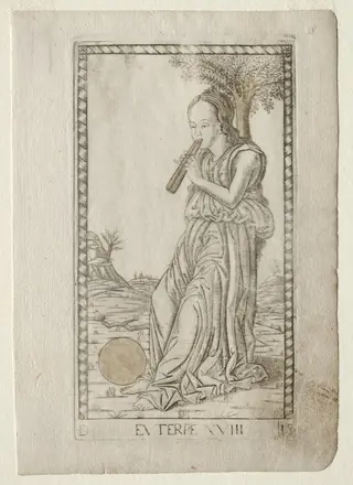 Euterpe (music, lyric poetry) (from the Tarocchi series D:  Apollo and the Muses, #18), by Master of the E-Series Tarocchi, 1467