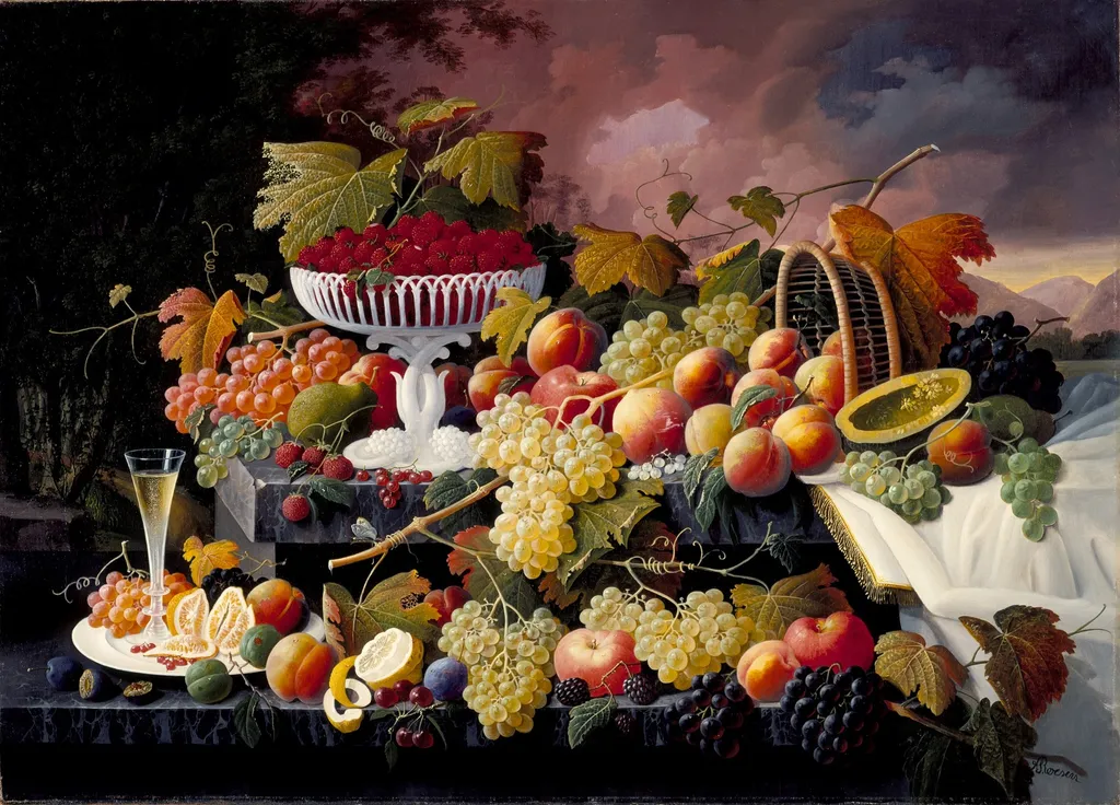 Fruit Still Life in a Landscape, by Severin Roesen, oil, 1867