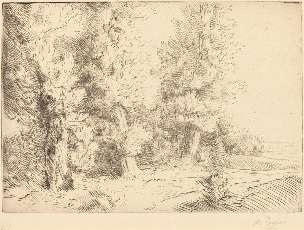 In the Forest of Fontainebleau  (Dans la foret de Fontainebleau), by Alphonse Legros, ink, 1874