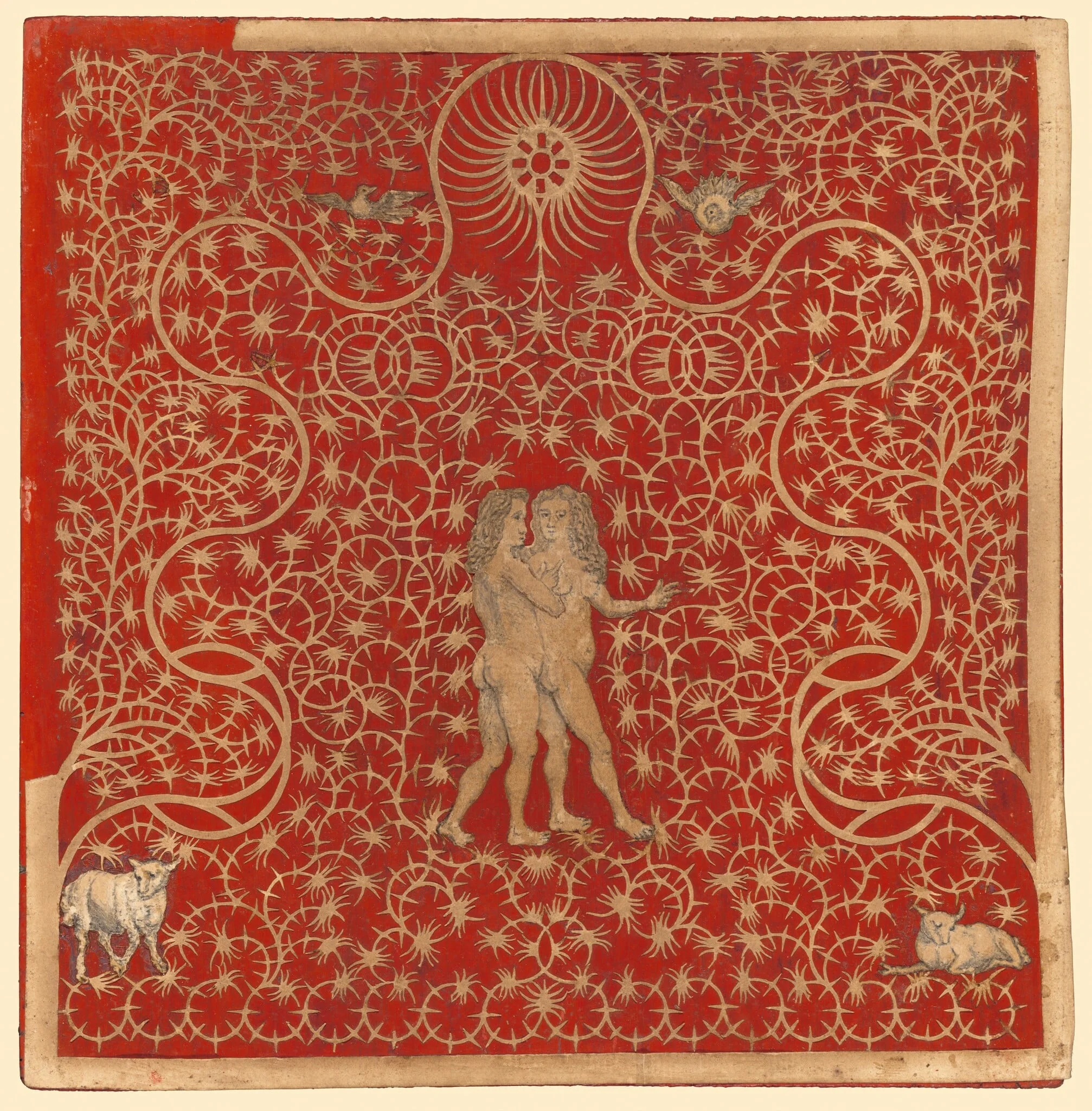 Adam and Eve in the Garden with Two Sheep and Two Doves, detail