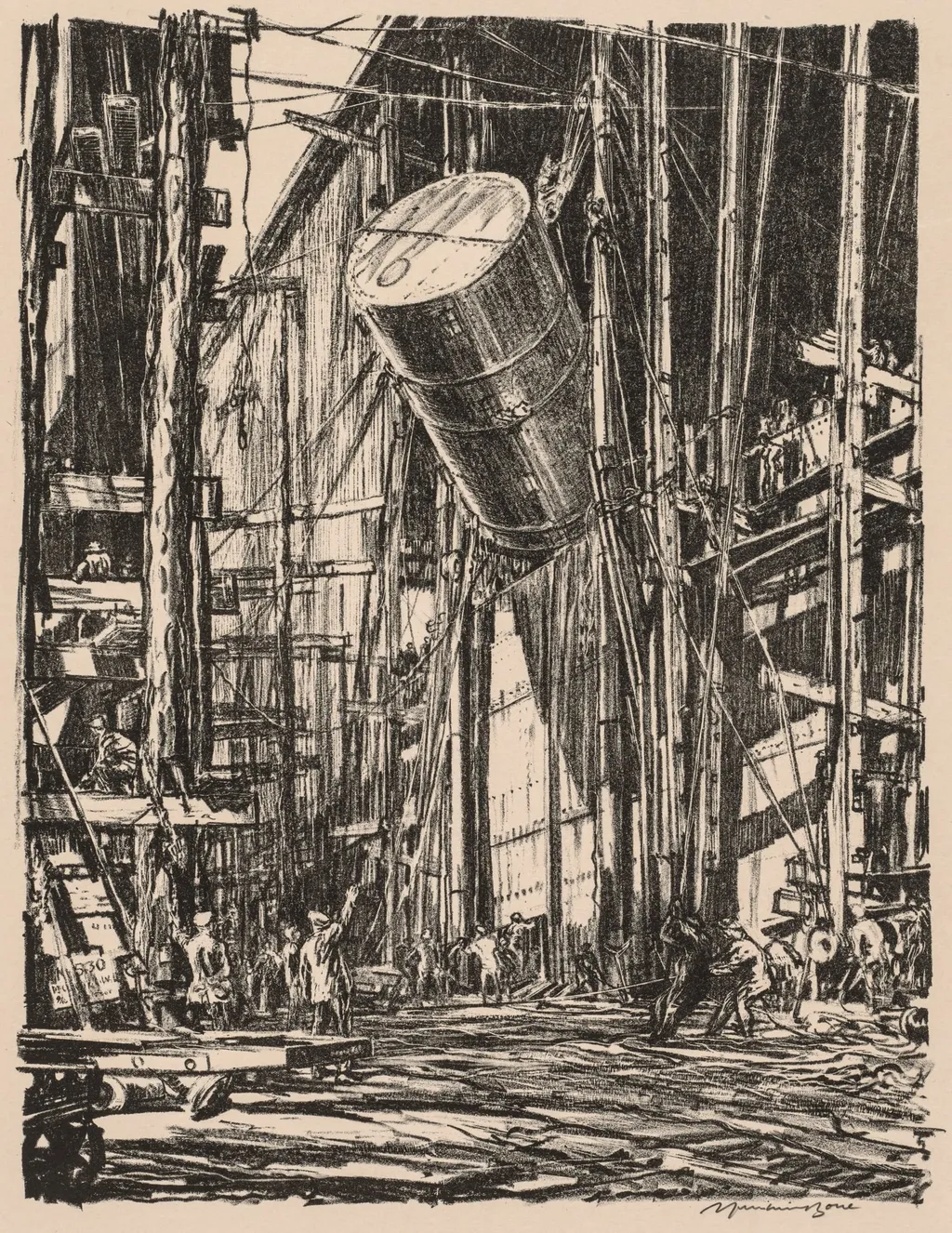On the Clyde, 1917-1918:  Lifting an Oil Tank into a Train Ferry, by Muirhead Bone, 1918