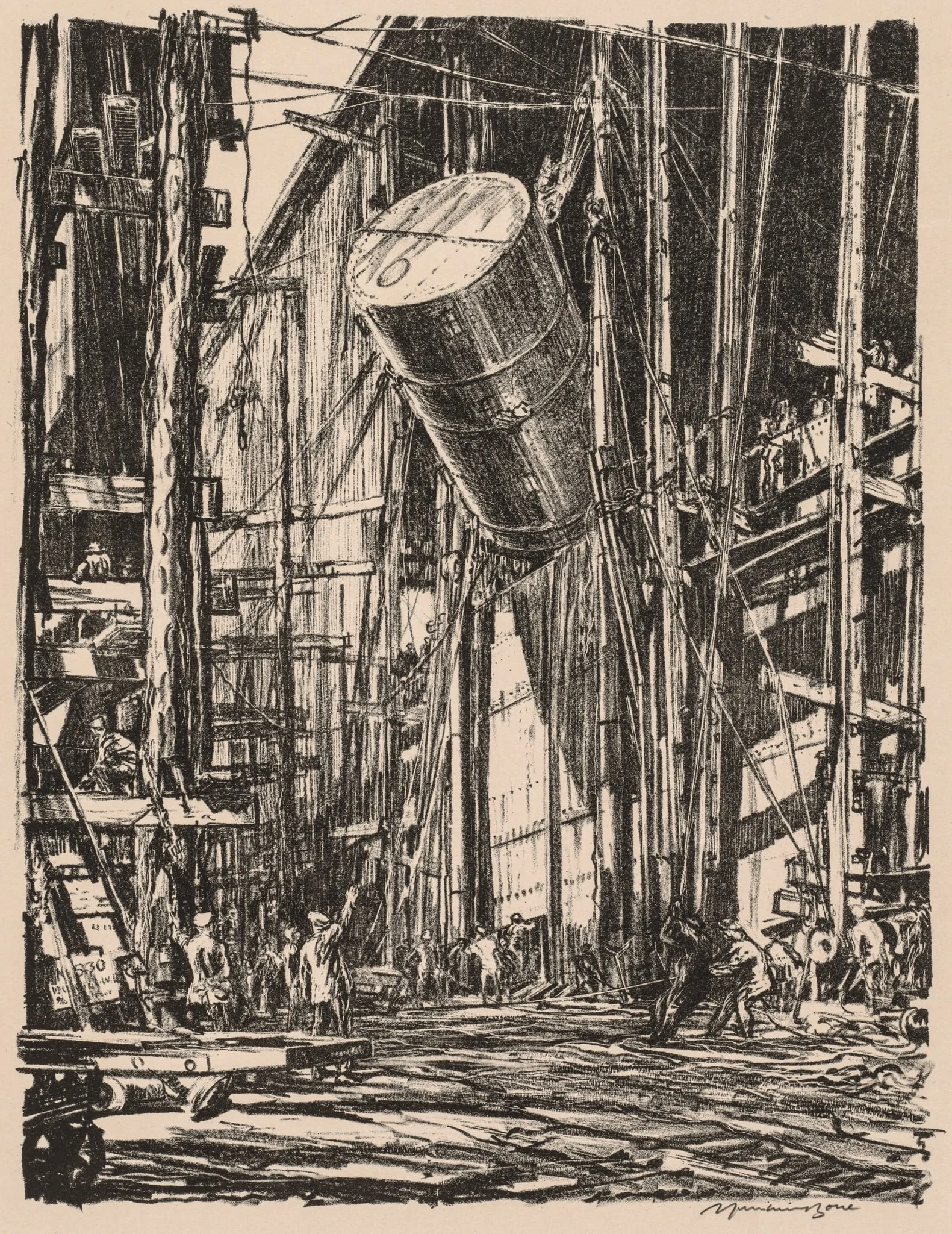 On the Clyde, 1917-1918: Lifting an Oil Tank into a Train Ferry, detail