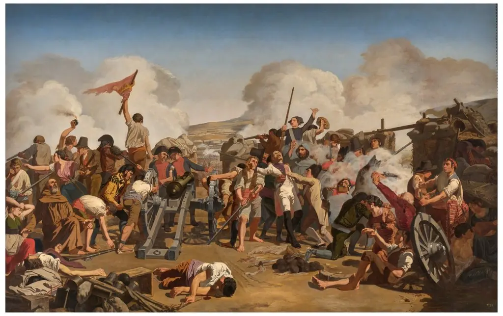 El capitán Romeo muere rechazando a los franceses en la batería de la Puerta del Carmen. Episodio del primer sitio de Zaragoza, by Juan José Martínez Espinosa, oil, 1858