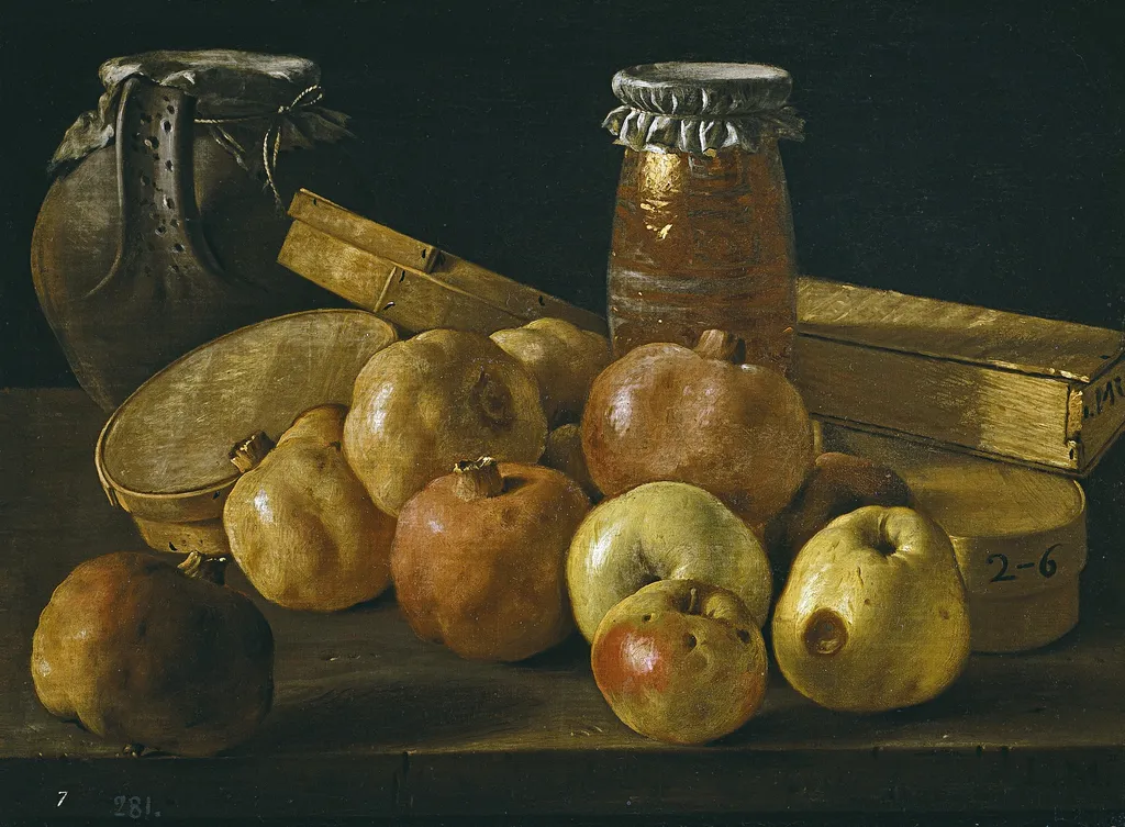 Bodegón con granadas y manzanas cajas de dulces y otros recipientes, by Luis Egidio Meléndez, oil, 1751