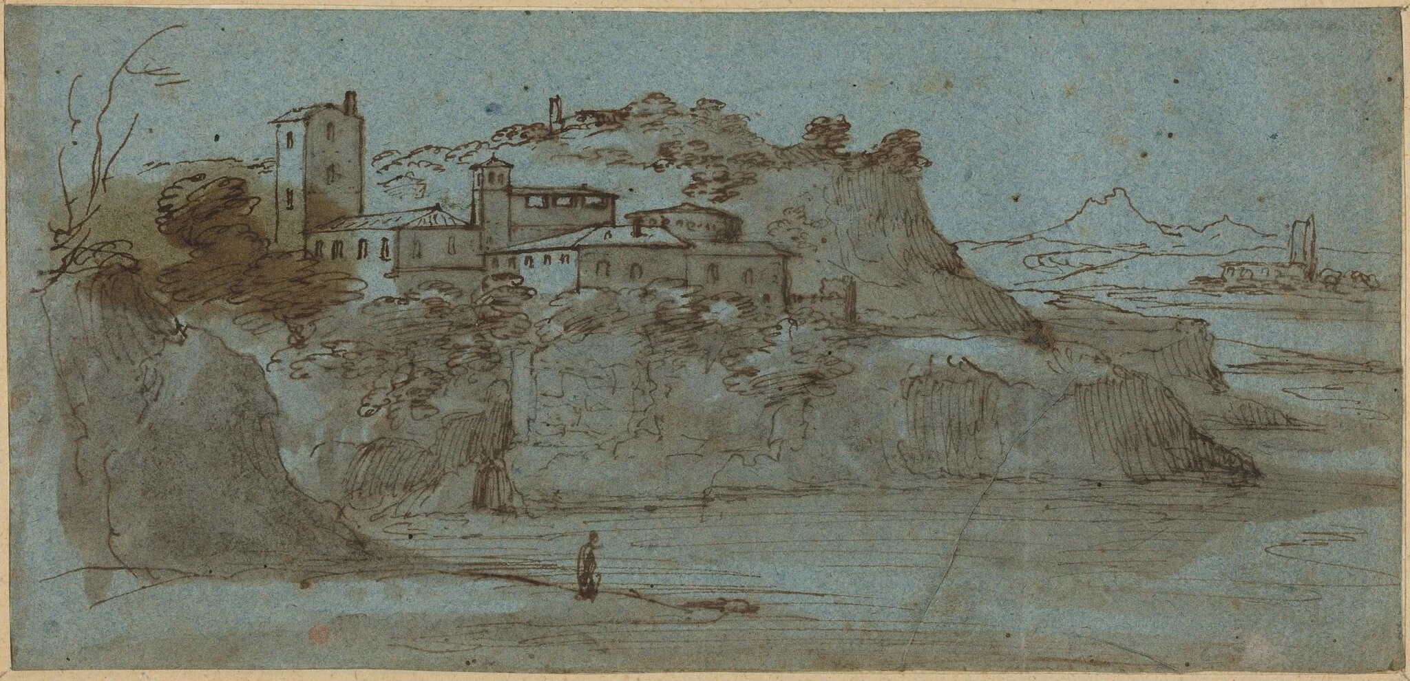 Village atop a River Cliff [recto], detail