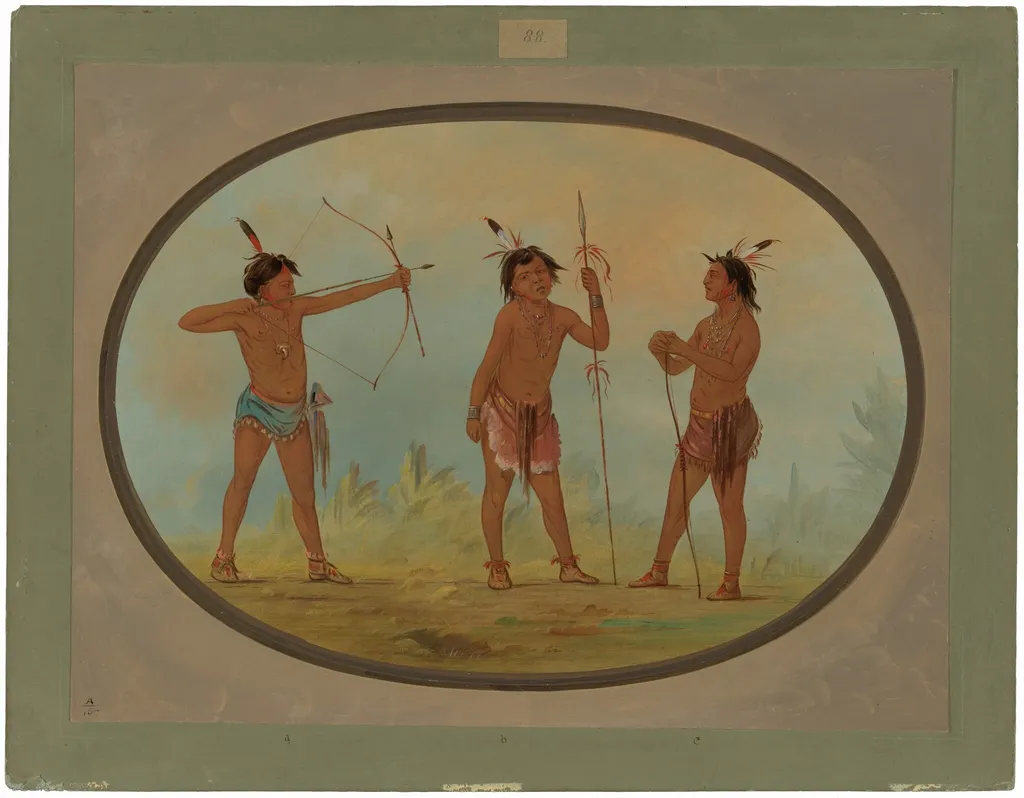 Three Shoshonee Warriors Armed for War, by George Catlin, oil, 1865